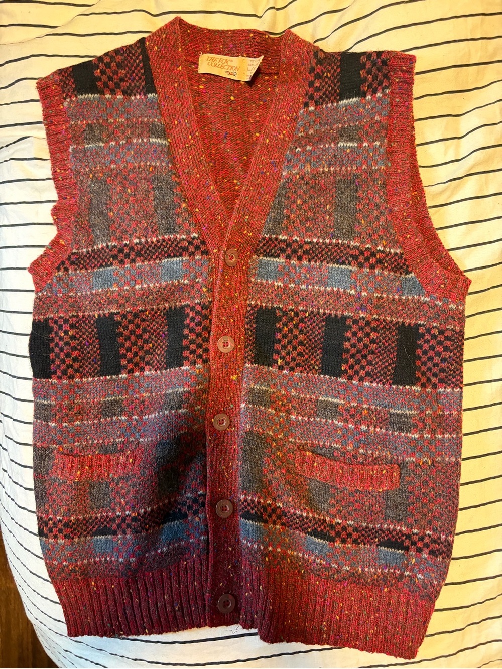 Vintage 80’s Wool-Blend Red Multi-Pattern V-Neck Sweater Vest